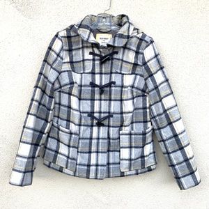 Old Navy plaid pea COAT jacket hoodie hood toggle fasteners zip up checkered M